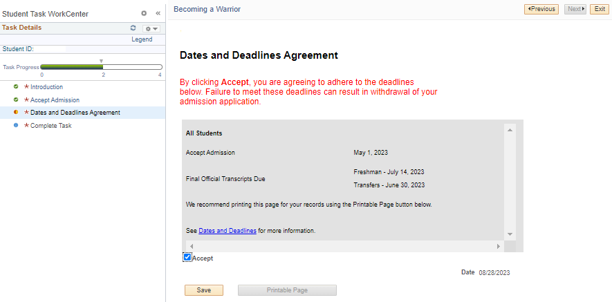 Screenshot of dates and deadlines agreement
