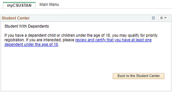 Student with dependents pop up screenshot