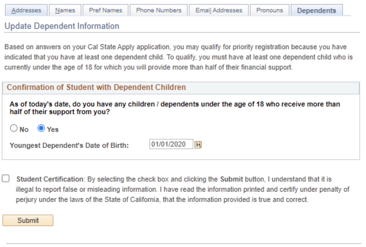Update dependent information screenshot