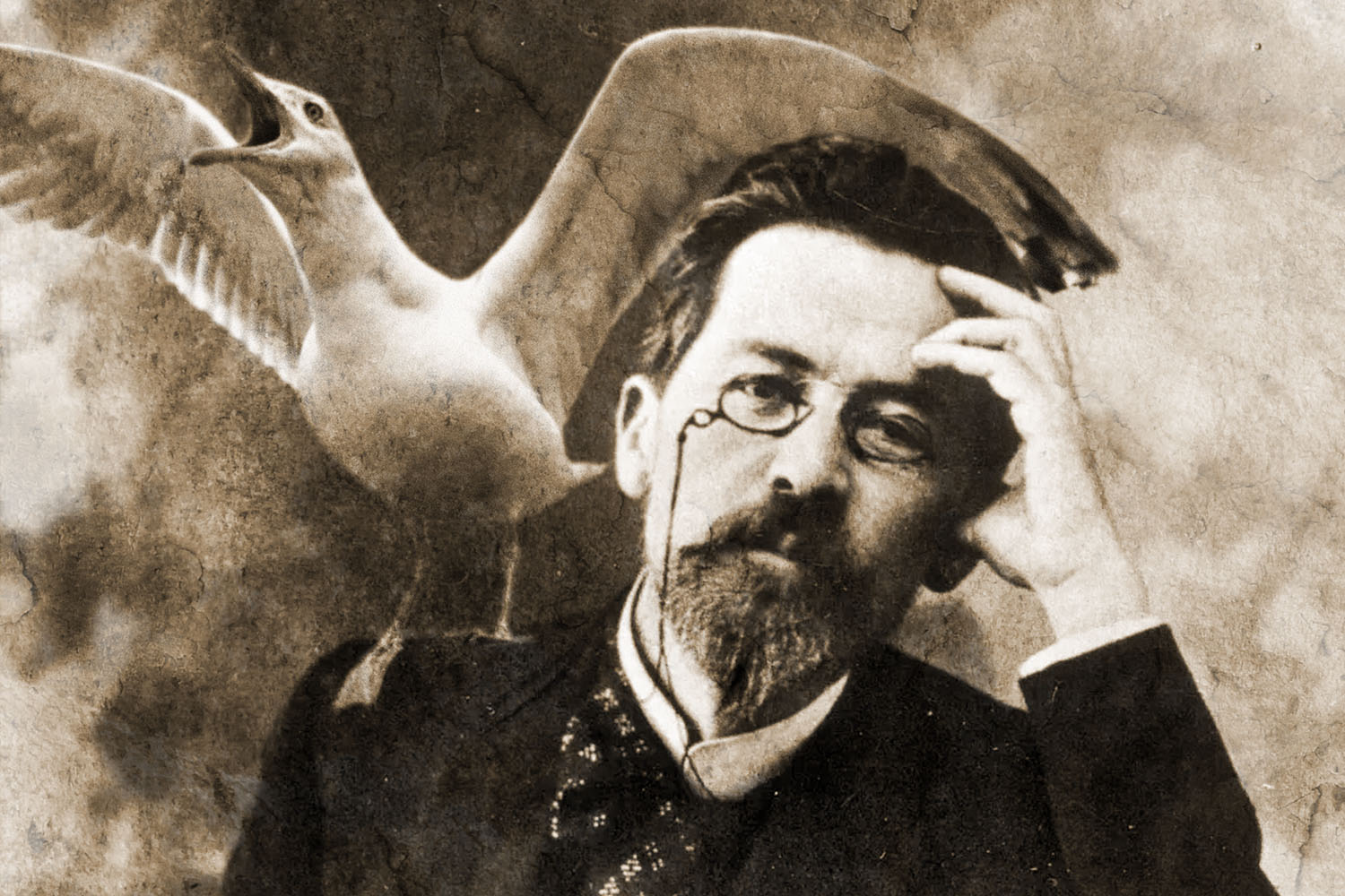 artwork for theatre production, bird sitting on a man's shoulder