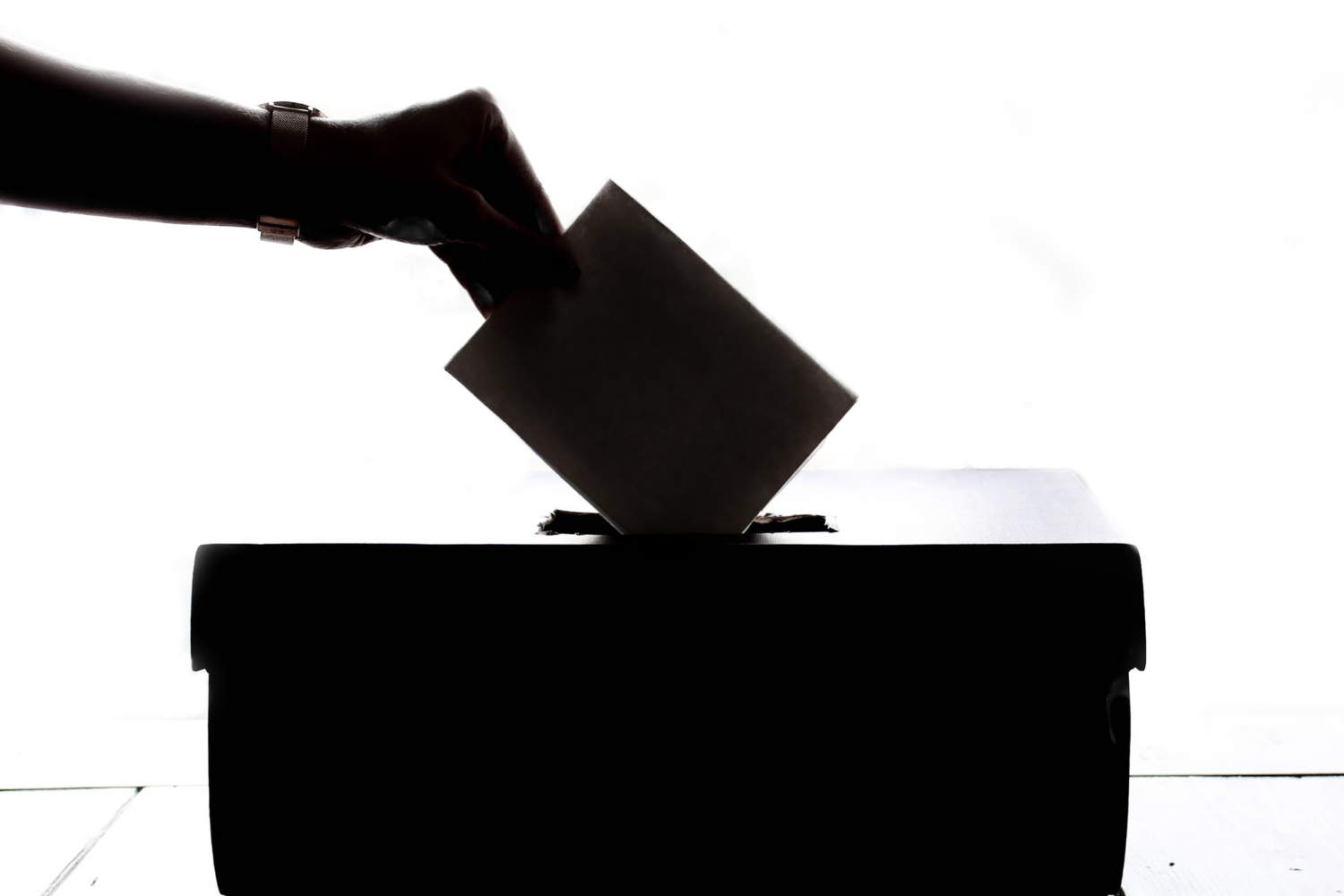 a hand placing a ballot in a box.