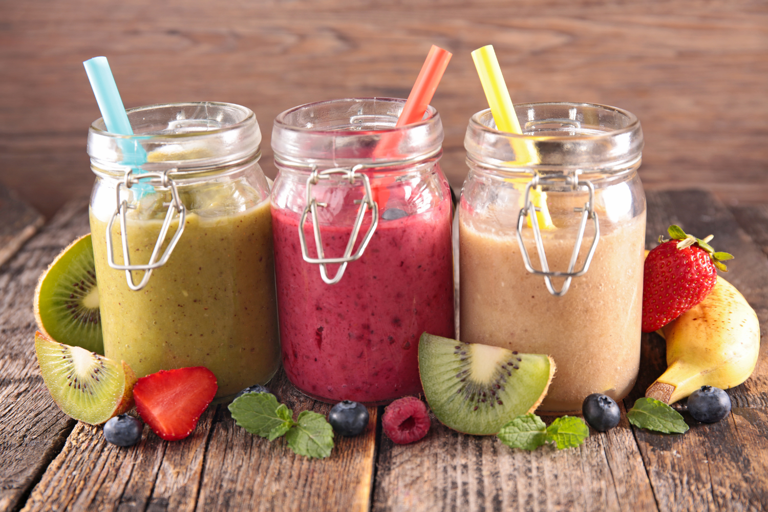 fruit smoothies in glass jars