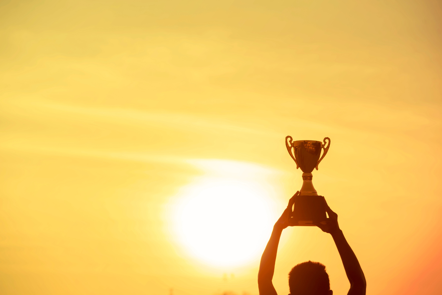 a man holding a trophy up to the sky.