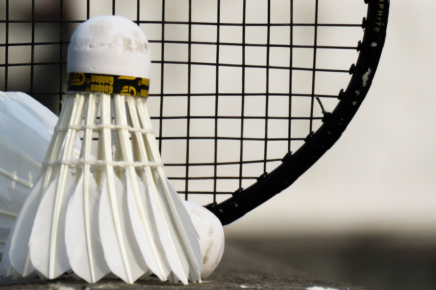 a badminton birdie in front of a racket. 