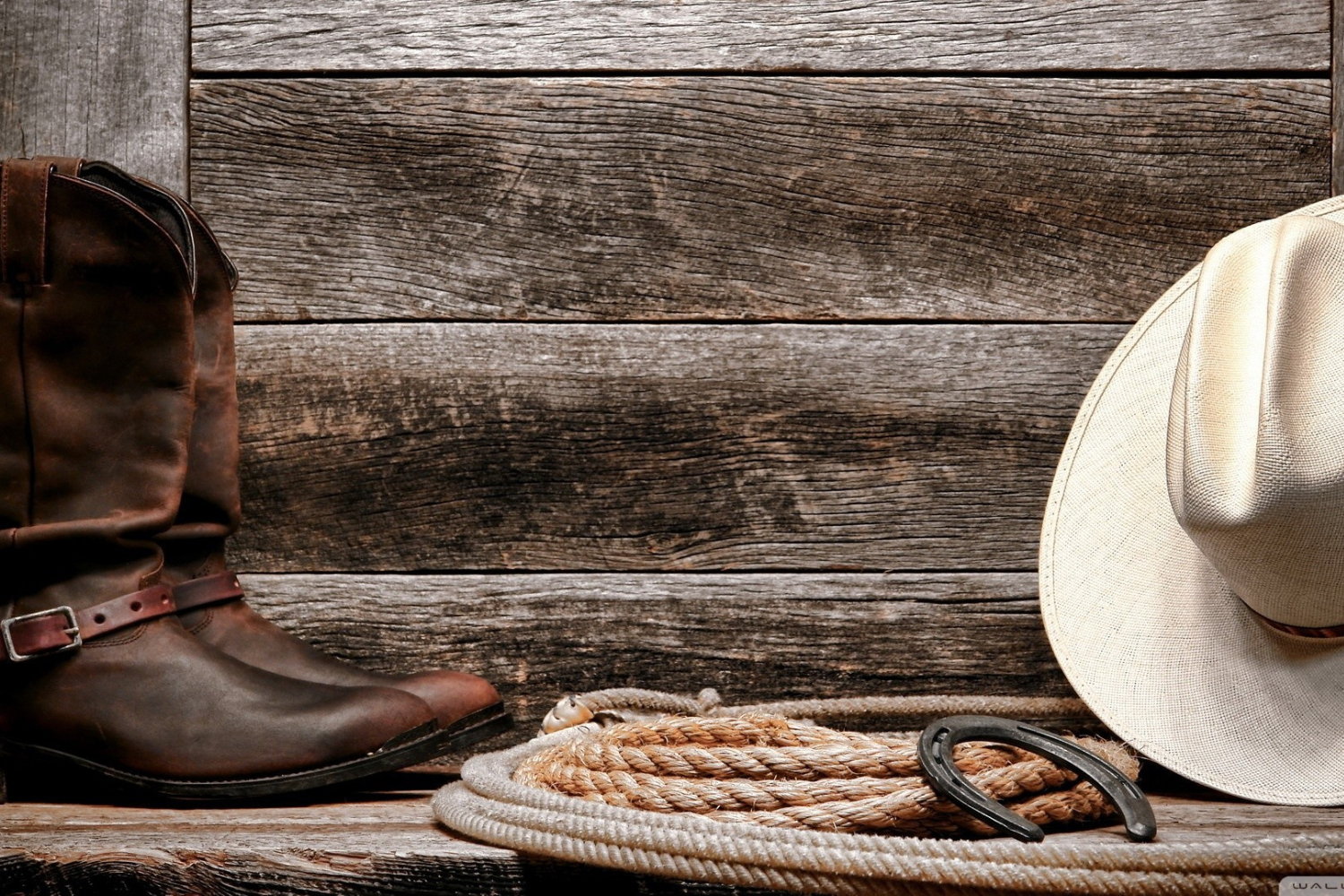 cowboy boots next to a rope and cowboy hat in front of a wooden fence. 