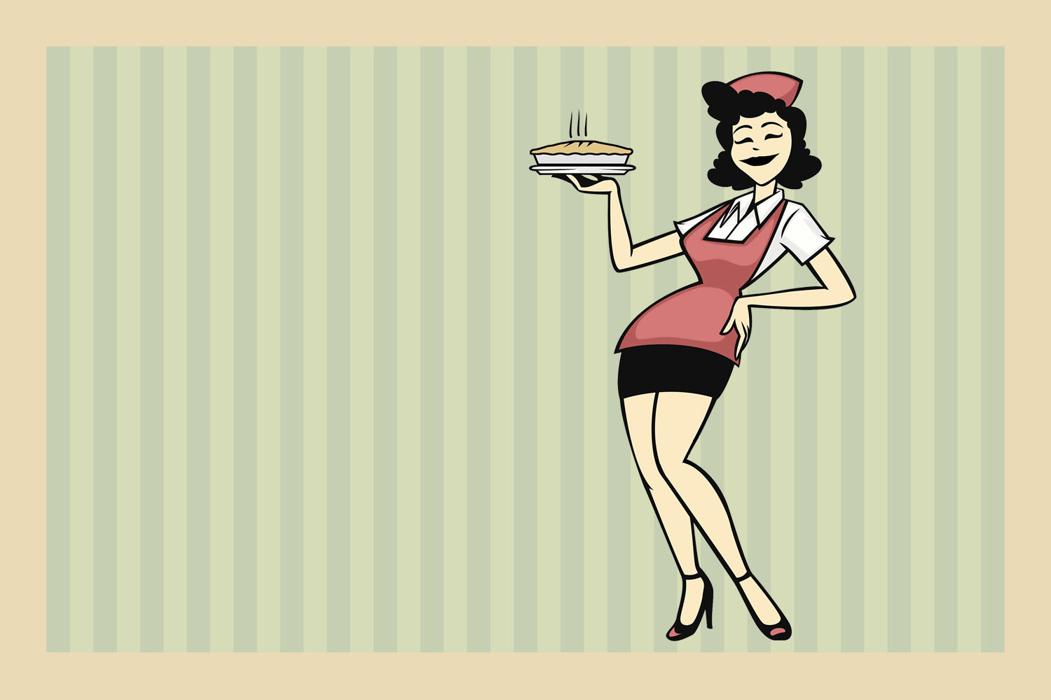 A waitress holds a pie in one hand with her other hand resting on her waist.