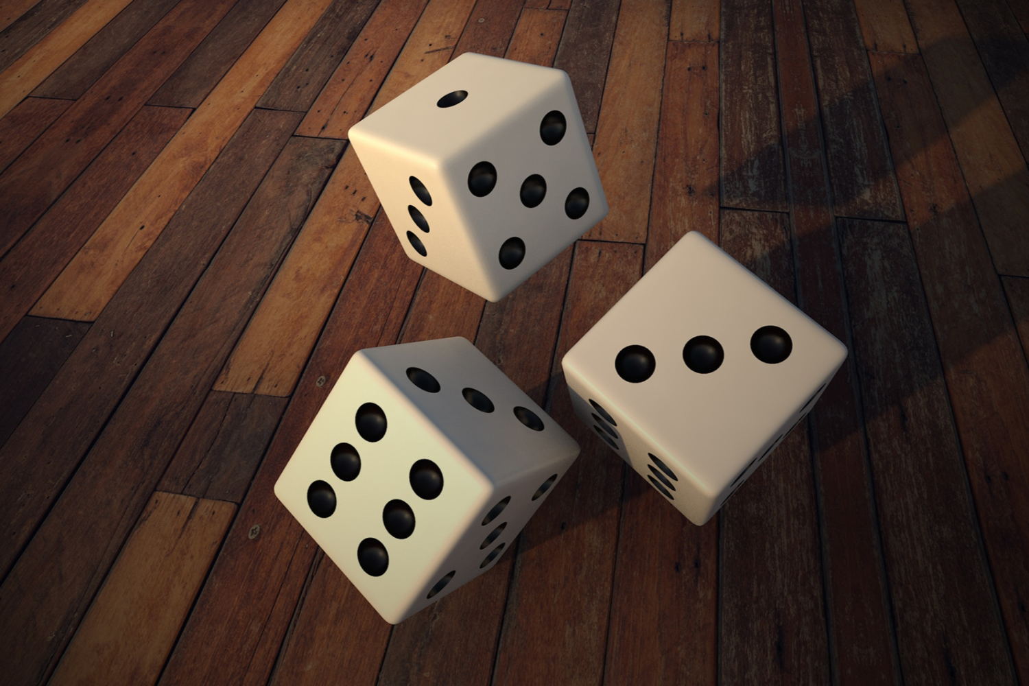Three, 3D rendered dice caught mid roll onto a table. 