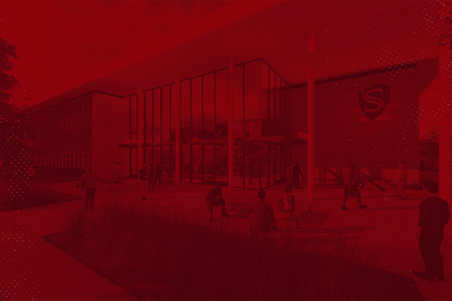 Image of new Stockton building with red overlay.