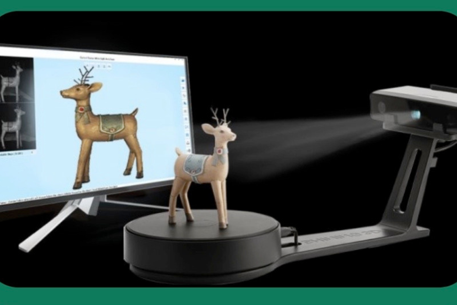 a small toy deer being 3d scanned onto a computer screen