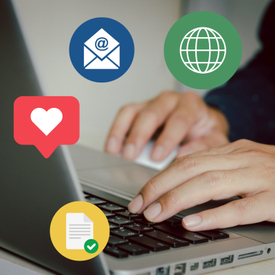 A user on a laptop is surrouned by various media icons for social media, web and email