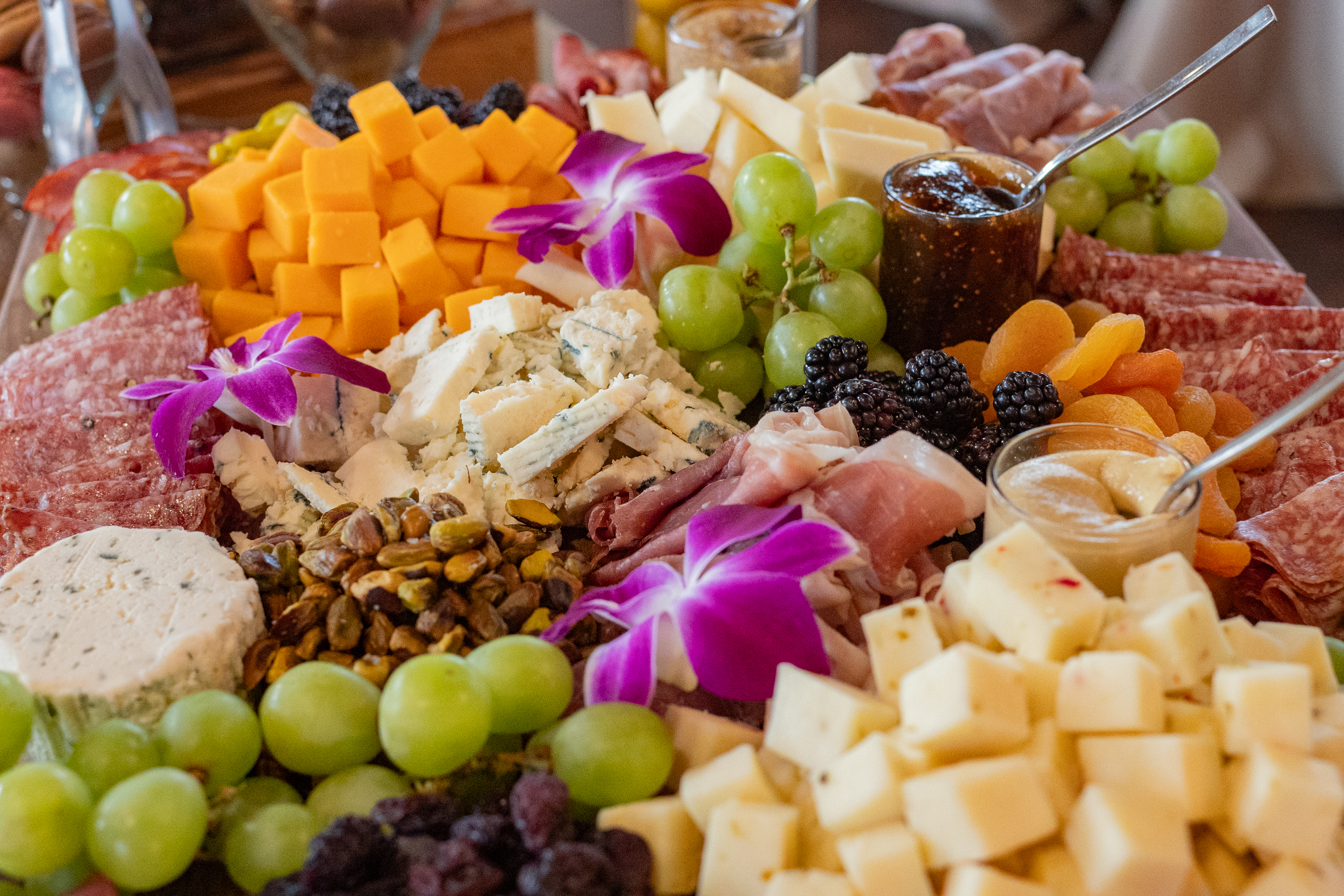 An assortment of wine tasting appetizers including diced cheese, grapes and crackers.