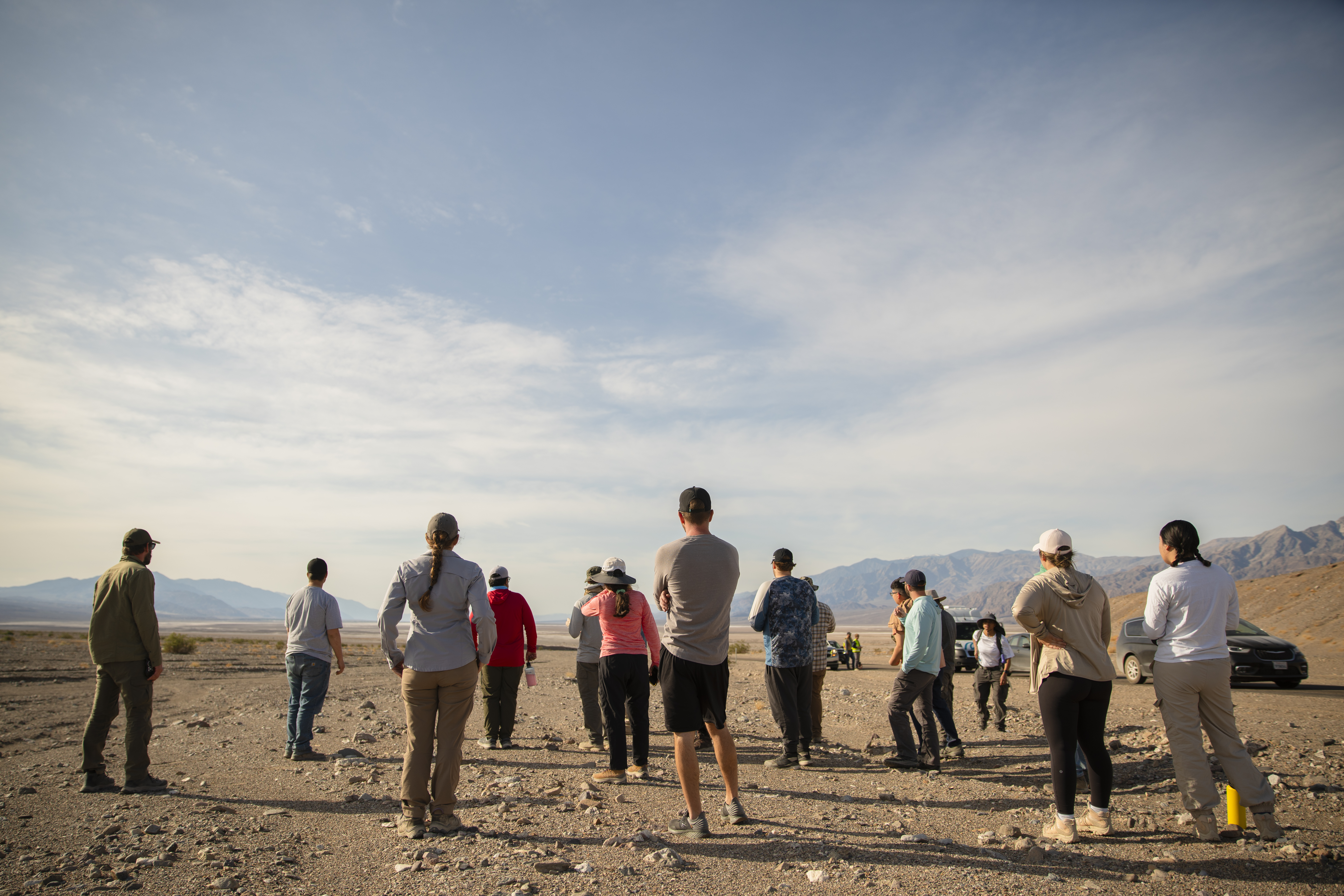 students looking out at the view in the distance in Death Valley