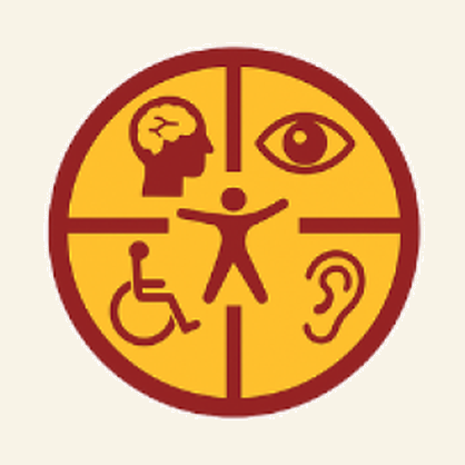 a circular emblem divided into four equal quadrants on the left. Each quadrant contains a symbol representing a type of accessibility or inclusion: a brain for cognitive access, an eye for visual access, a wheelchair for physical access, and an ear for auditory access. At the center of the circle is a human figure with outstretched arms, symbolizing universal inclusion. The emblem uses a red and gold color scheme