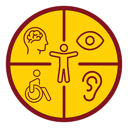 a circular emblem divided into four equal quadrants on the left. Each quadrant contains a symbol representing a type of accessibility or inclusion: a brain for cognitive access, an eye for visual access, a wheelchair for physical access, and an ear for auditory access. At the center of the circle is a human figure with outstretched arms, symbolizing universal inclusion. The emblem uses a red and gold color scheme