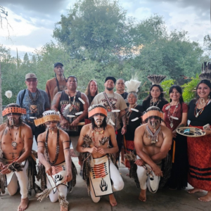 The Yosemite Feather Dance Group from the Miwuk Indigenous Tribe in a group picture.