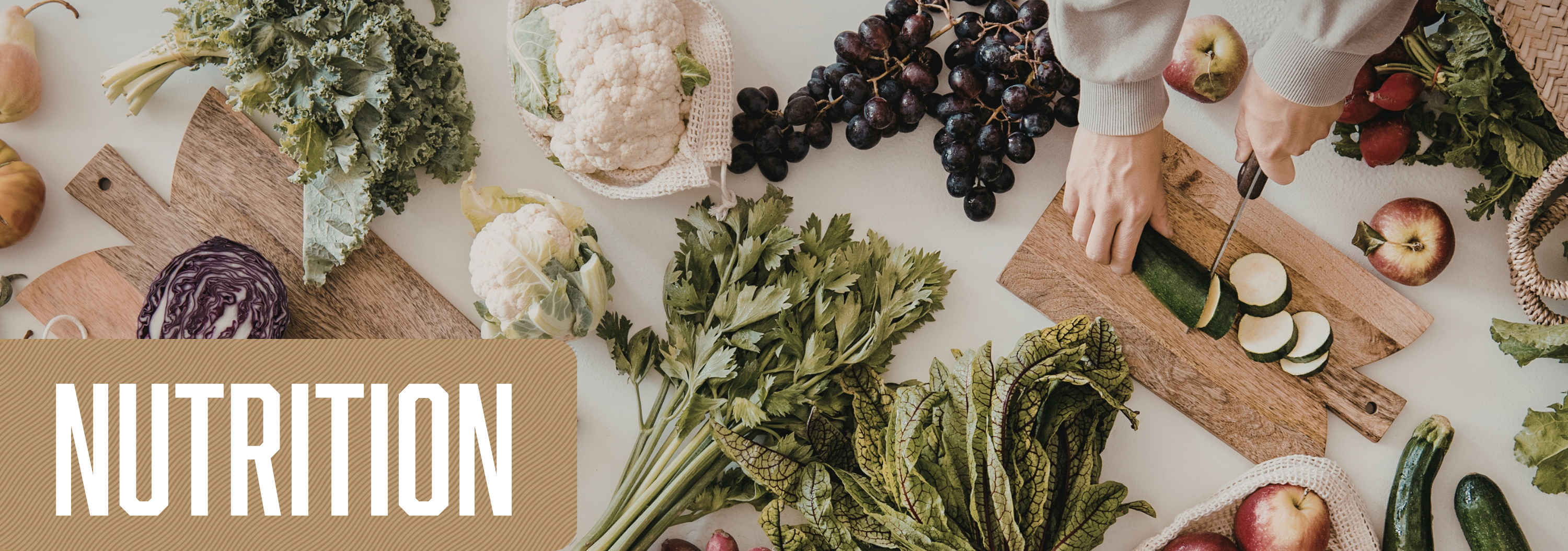 Banner of vegetables and fruits with title, Nutrition.