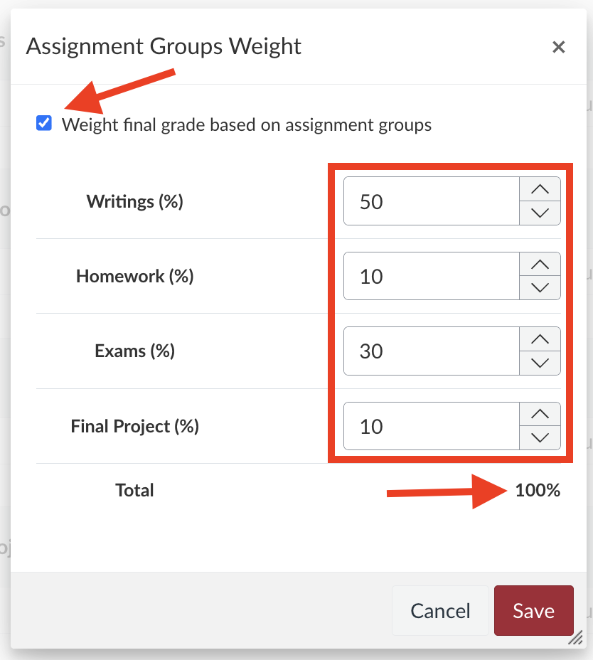 screenshot of assignment weighting