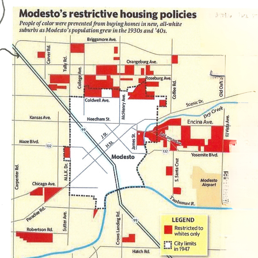 Map of Modesto's restrictive housing policies from the 1930-40s.