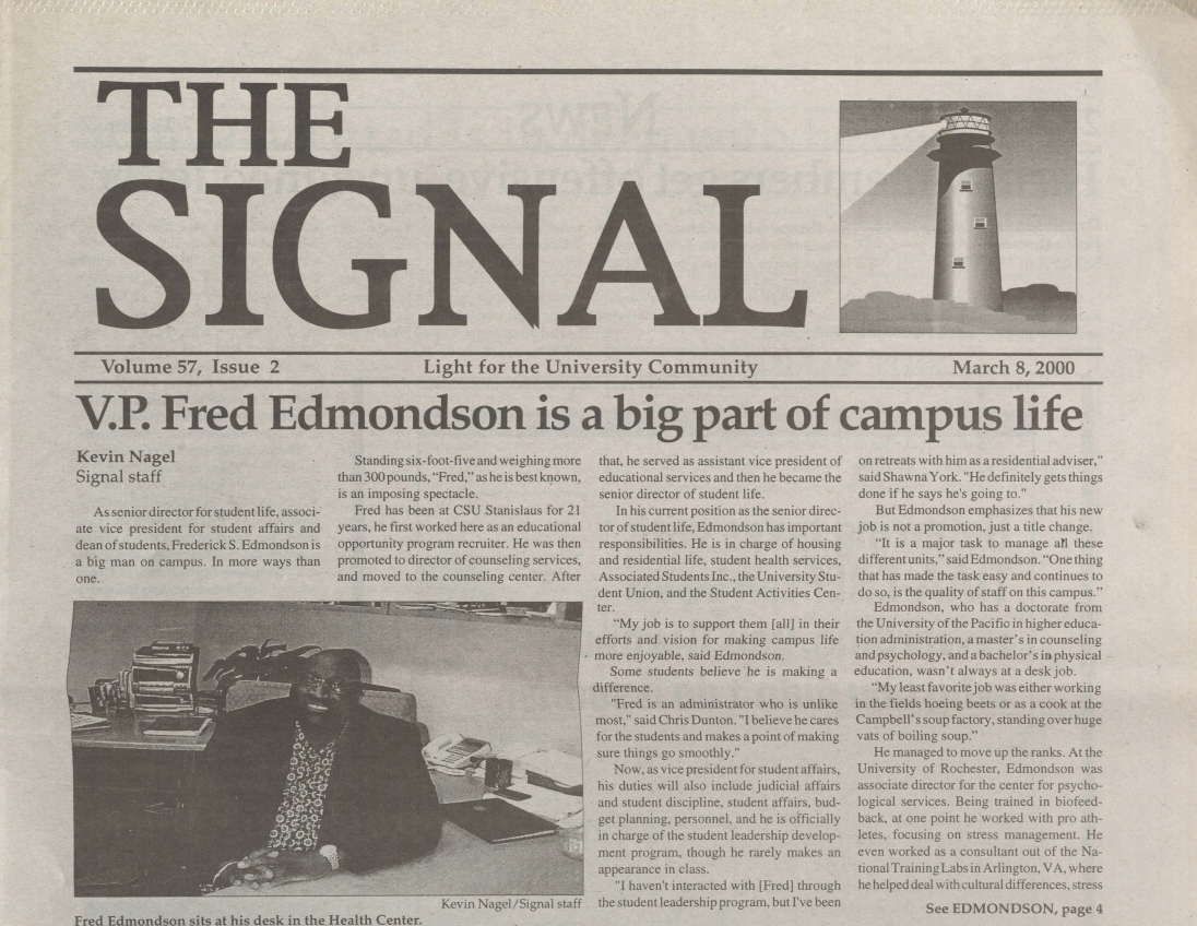 Dr. Fred Edmondson is featured on the headline of The Signal's 2000 edition. 