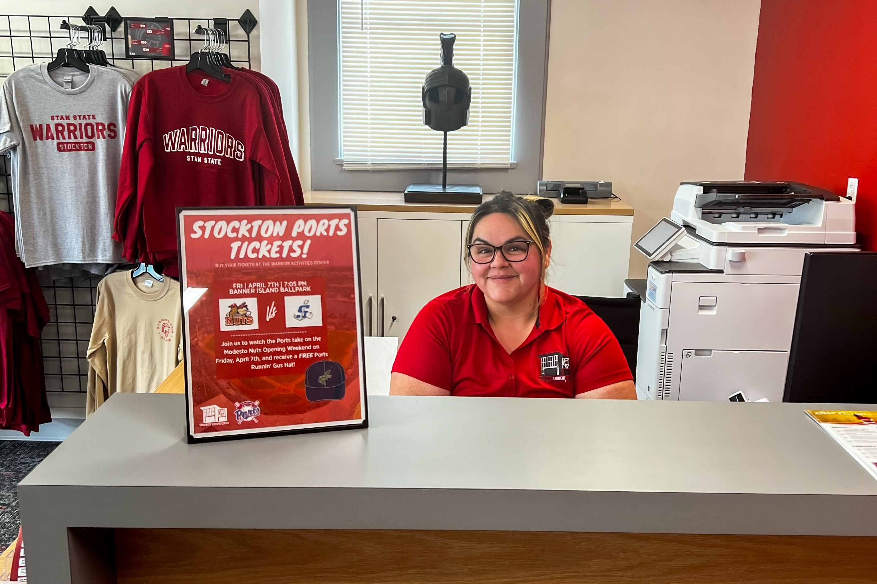 Person behind the Stockton Campus front desk