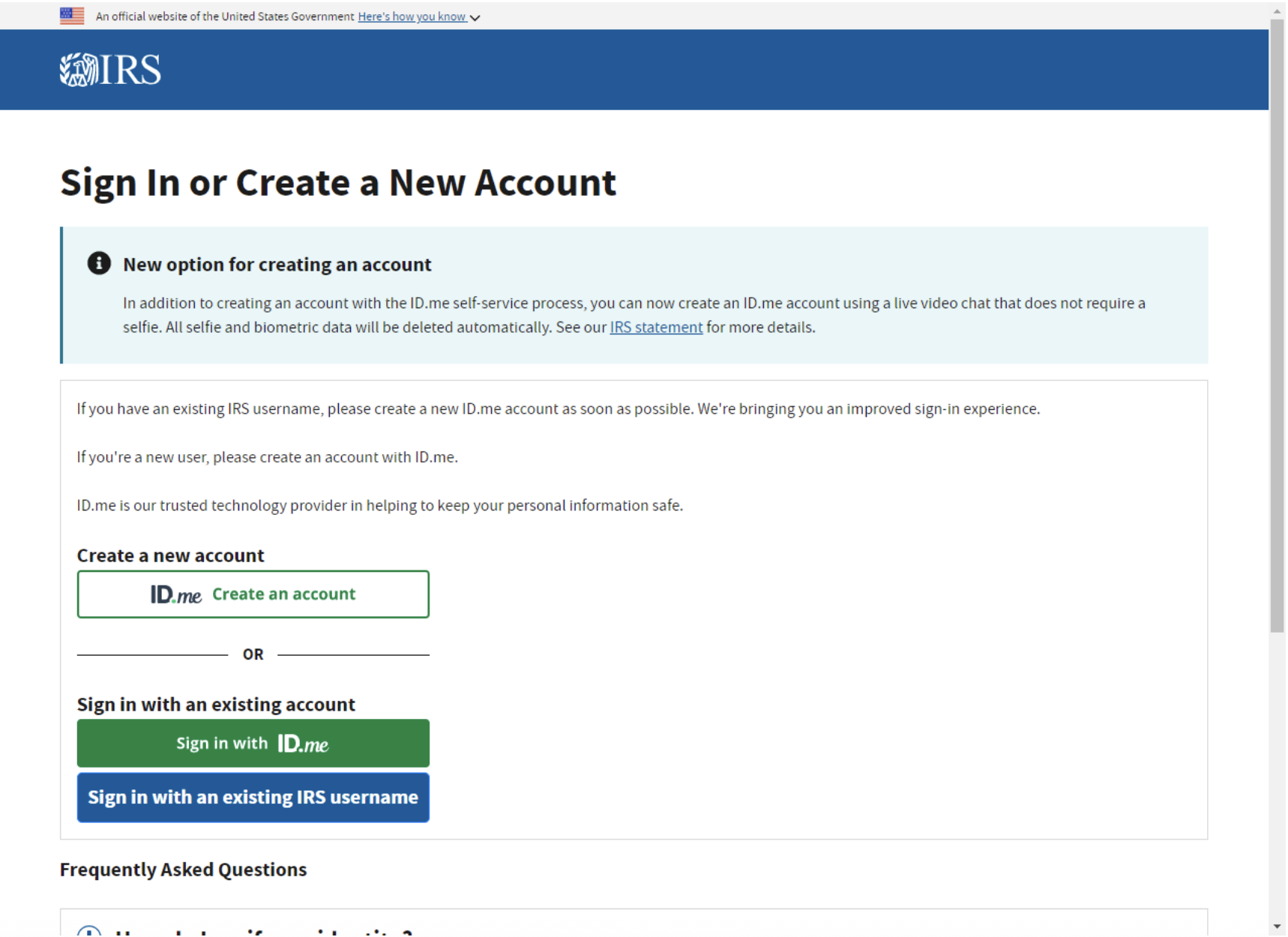 Screenshot shows the IRS Create Account screen