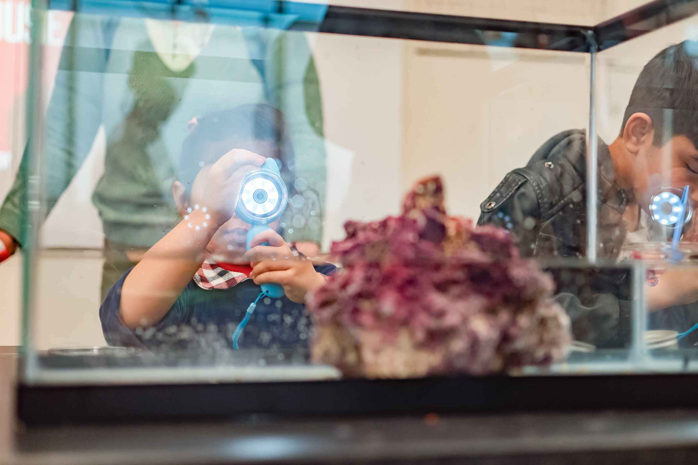 Young Science Day participant looking through a magnifying glass