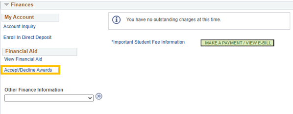 Accept/Decline Awards Link on Student Center