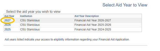 Aid Year Selection to View Aid