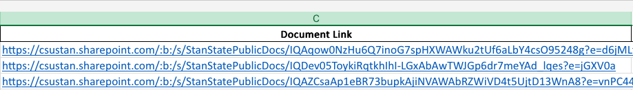 A document link list is shown in Microsoft Excel
