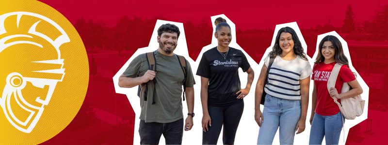 Warrior head logo and a cutout of four students