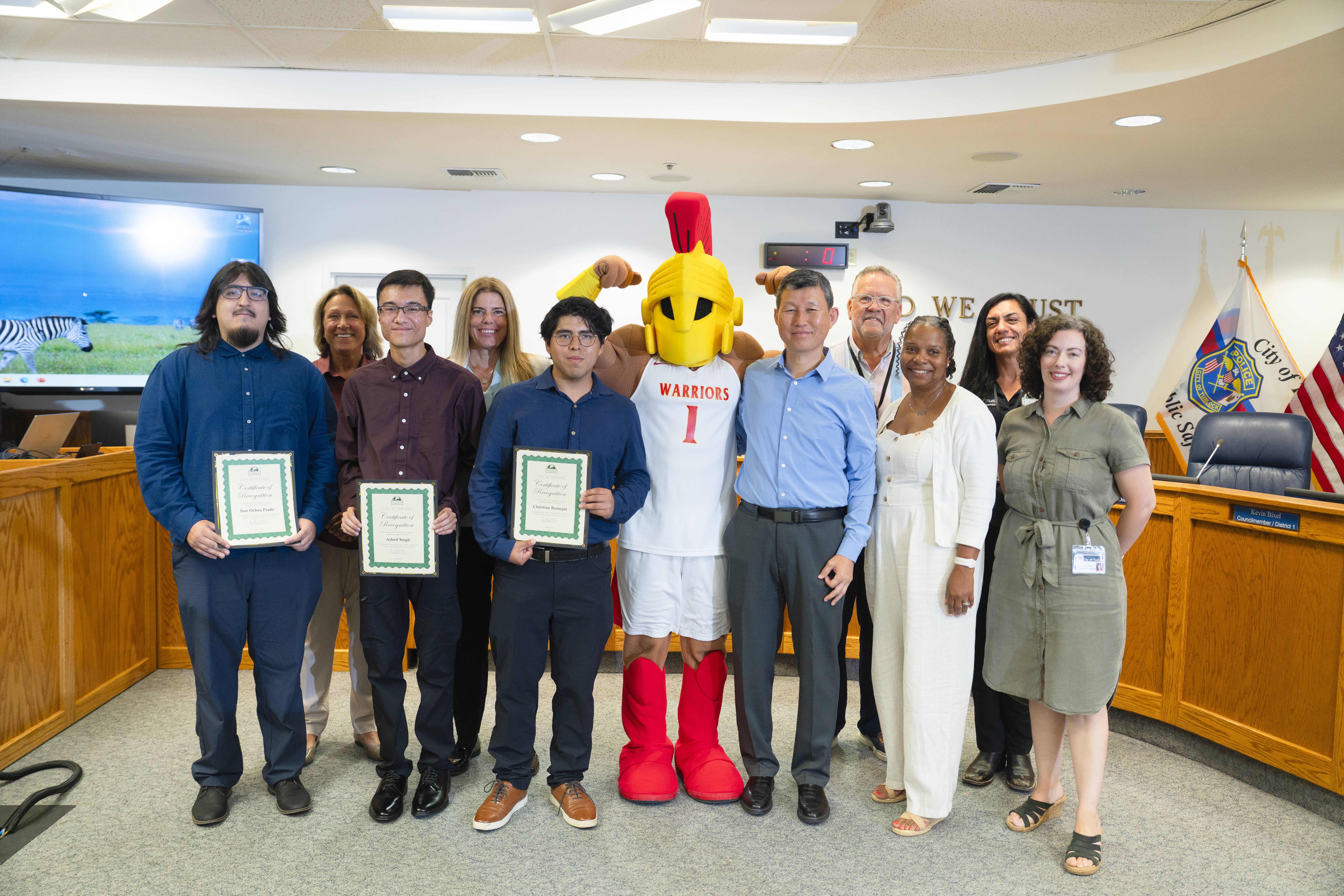 The Virtual Turlock team from Stan State posing with Titus and the Turlock City Council.