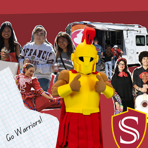 Several student photographs are arranged in a scrapbook pattern, the main features Titus the mascot.