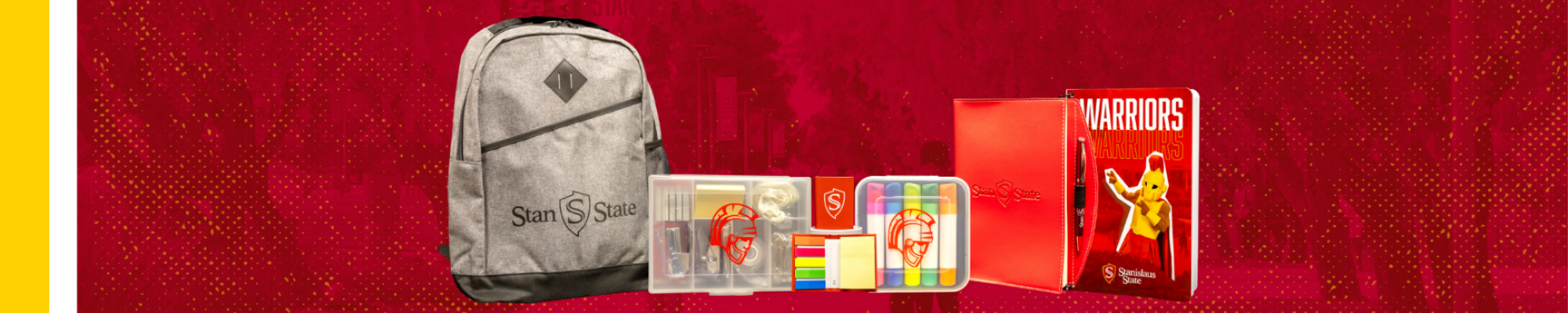 Cutout of a Stan State backpack, a desk kit, notepads, gel highlighters, and two notebooks