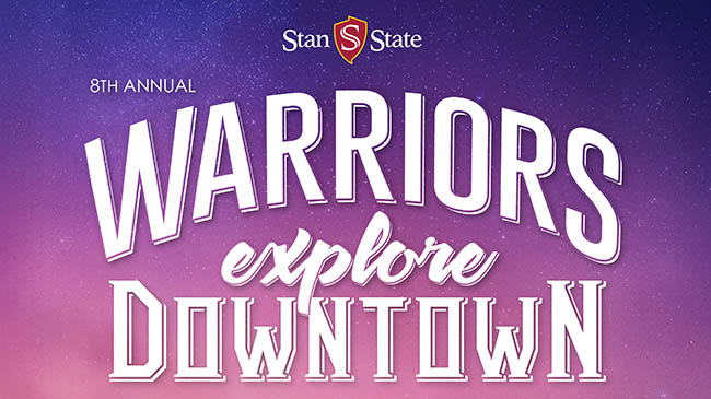 Stan State logo. 8th Annual Warriors Explore Downtown. Purple and pink sunset.