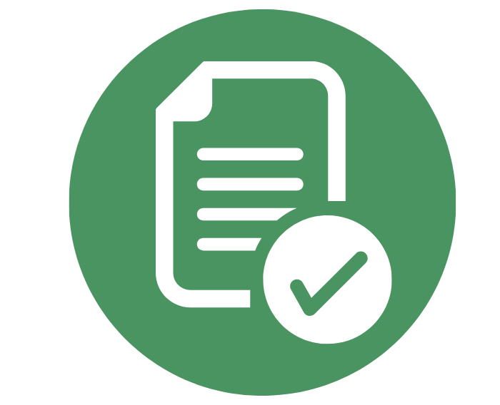 White document with a check mark inside a green circle.