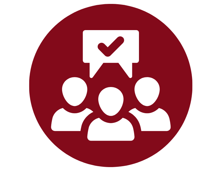 Icon of three people profiles with check mark over head 