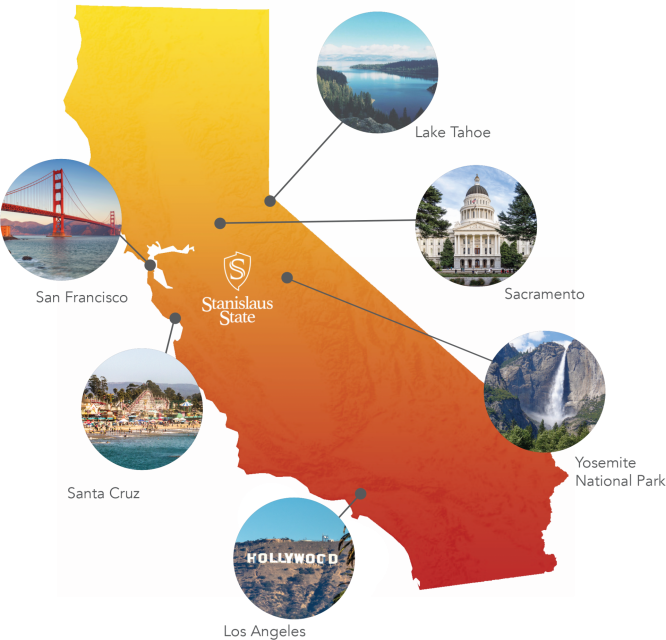 Map showing Stan State's proximity to large cities in California.