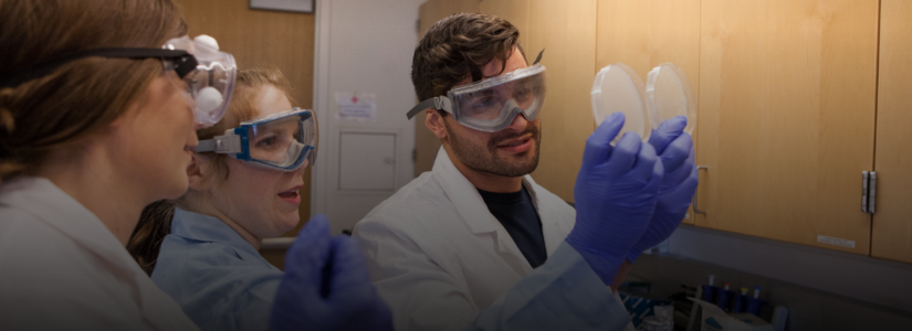 three students in lab coats examine sample flasks.
