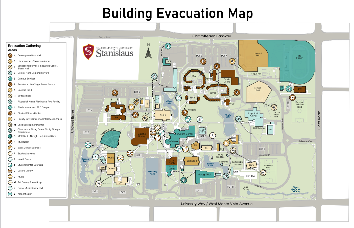 Evacuation Map showing exit routes for the Turlock Campus.