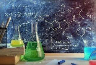 a chemistry lab with beakers