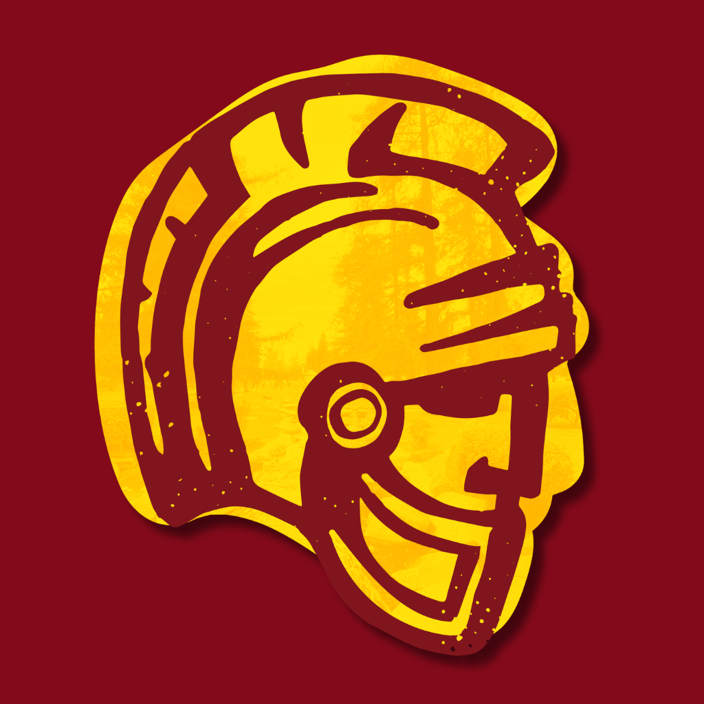 Stylized gold Warrior helmet emblem on a dark red background.