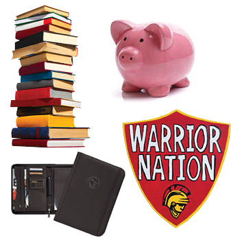 collage of books, piggy bank, shield with text, "warrior nation" and a padfolio