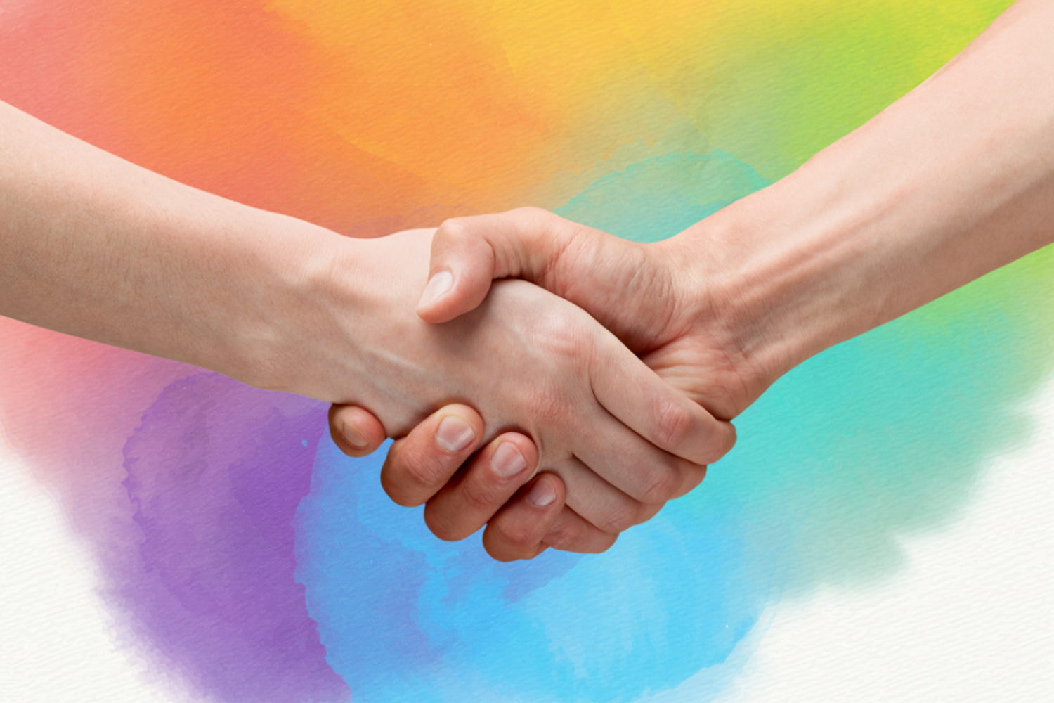 Two individuals shaking hands. Rainbow colored background.