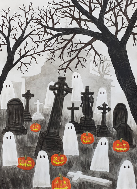  Ghosts and Jack-O Lanterns in a Graveyard