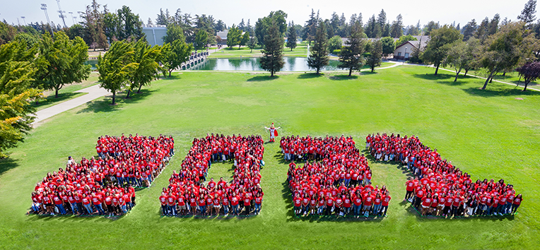 Aerial shot of freshmen standing in 2-0-2-1 formation