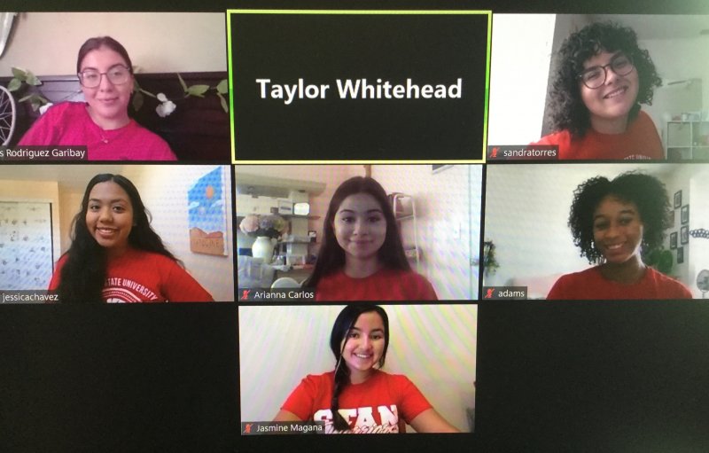 2020-2021 Peer Health Educators. First Row (L to R), Iris Rodriguez Garibay & Sandra Torres; Second Row (L to R), Jessica Chavez, Arianna Carlos, & Jada Adams; Third Row (L to R), Jasmine Magan̅a