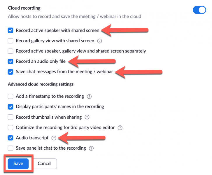 Sample cloud recording settings