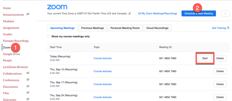 The Zoom homepage in a Canvas course