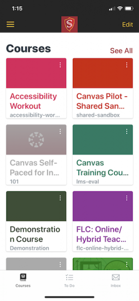 Canvas app My courses page