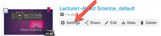 Screenshot - an arrow points to the Settings button for a video